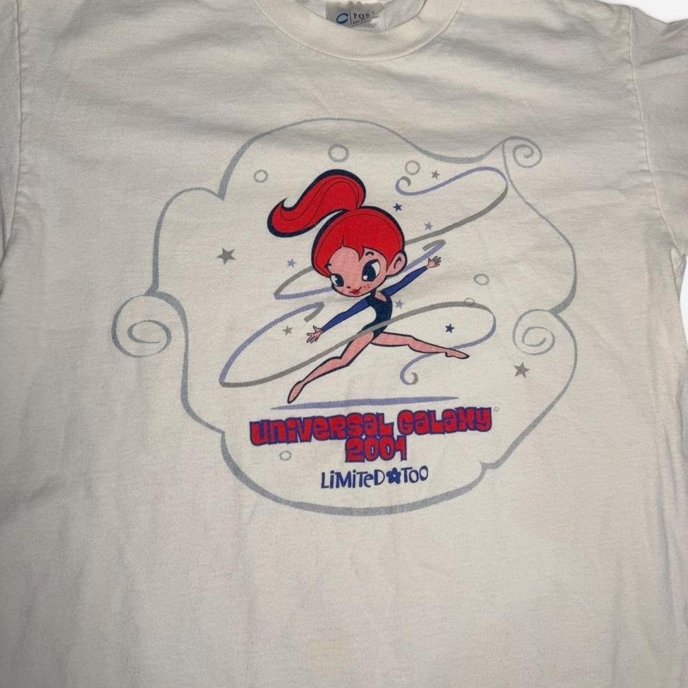 Limited Too Universal Galaxy 2001 Graphic Tee Women Large White Gymnast Y2K